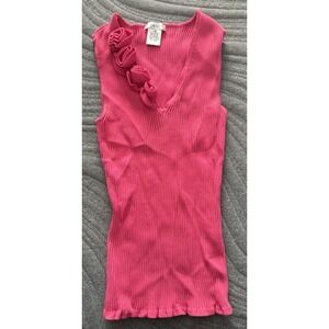Y2k Vintage Cache Womens Pink Ribbed Top Size XS Fitted Rosettes 90s Sleeveless‎